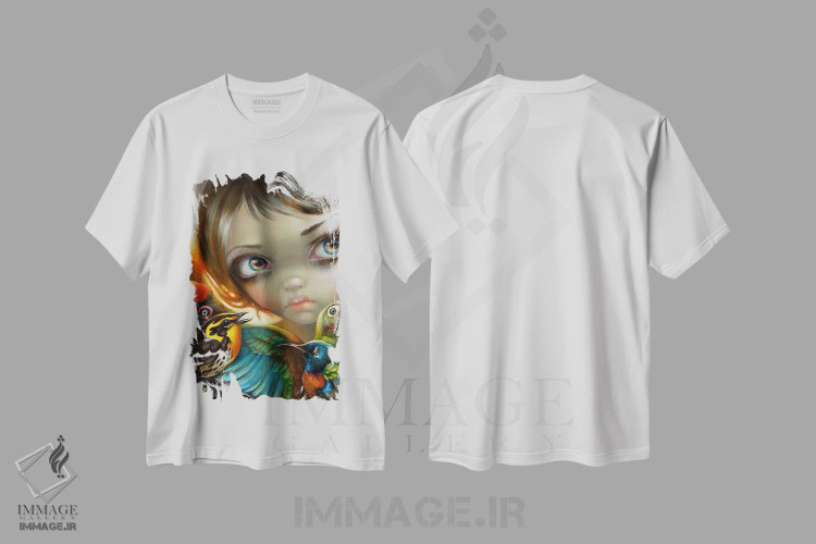 تیشرت سفید طرح دار آواز پرندگان، دکوراسیون جایگزین اثر جزمین بکِت-گریفیت | فروشگاه ایماژ