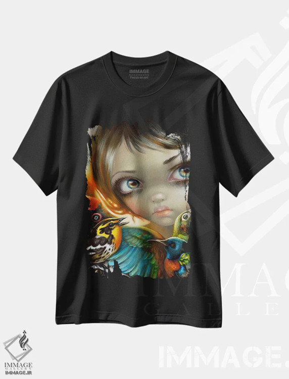 تیشرت مشکی طرح دار آواز پرندگان، دکوراسیون جایگزین اثر جزمین بکِت-گریفیت | immage.ir