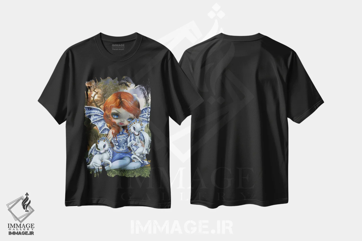 تیشرت مشکی طرح دار اژدهای کوچک بید آبی، دکوراسیون جایگزین اثر جزمین بکِت-گریفیت | فروشگاه ایماژ