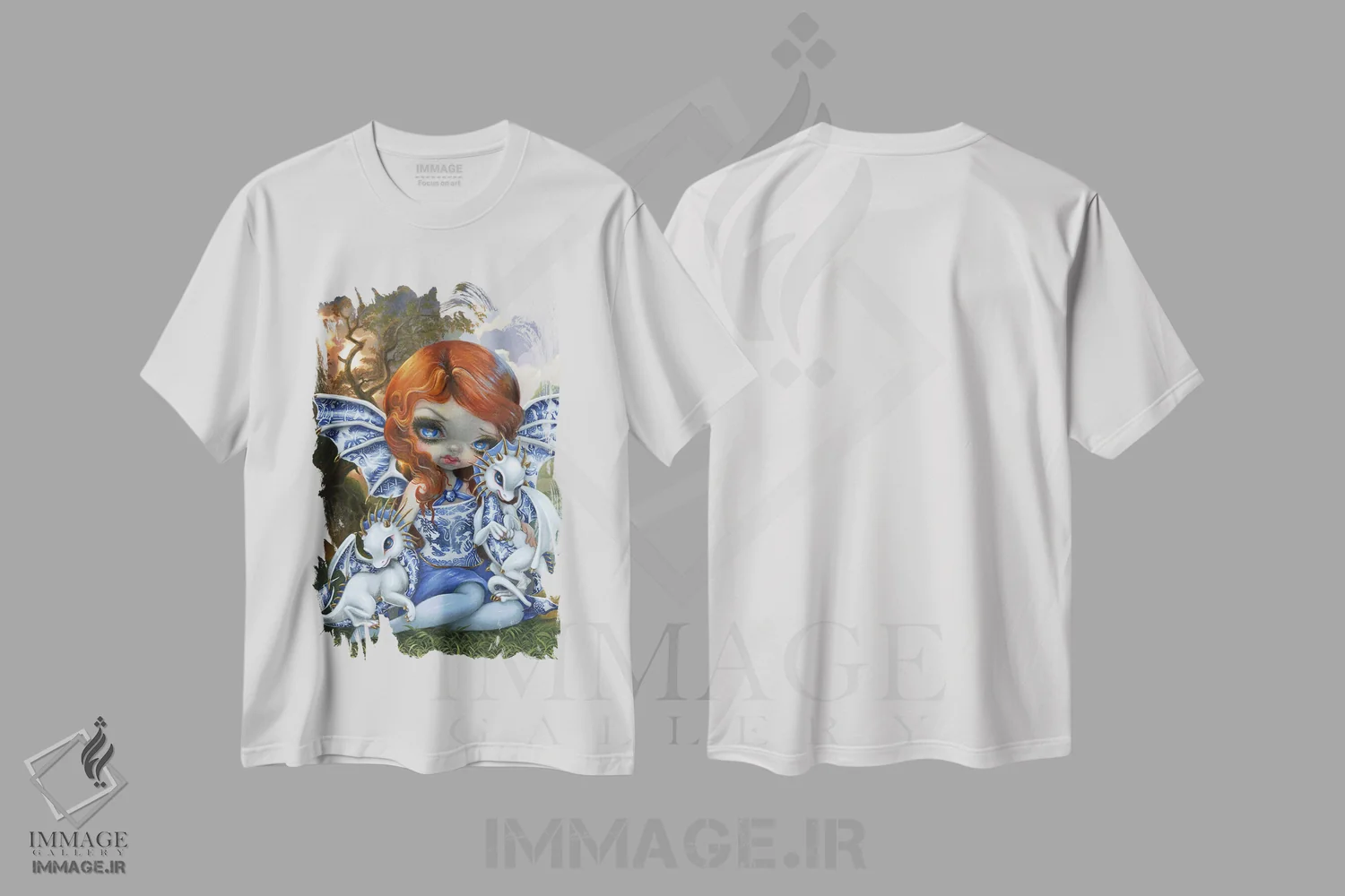 تیشرت سفید طرح دار اژدهای کوچک بید آبی، دکوراسیون جایگزین اثر جزمین بکِت-گریفیت | immage.ir