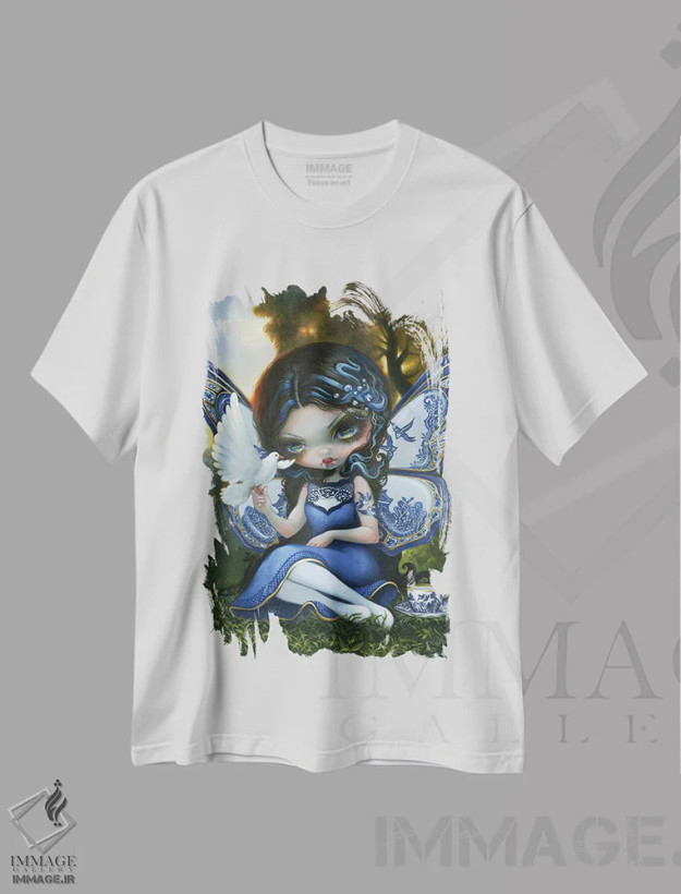 تیشرت سفید طرح دار پری بید آبی، دکوراسیون جایگزین اثر جزمین بکِت-گریفیت | فروشگاه ایماژ