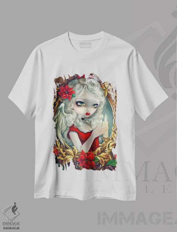 تیشرت سفید طرح دار شمع کریسمس، دکوراسیون جایگزین اثر جزمین بکِت-گریفیت | فروشگاه ایماژ