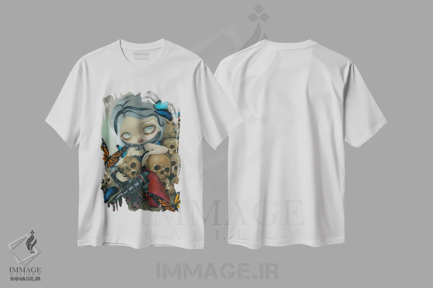 تیشرت سفید طرح دار پروانه ها و استخوان ها، دکوراسیون جایگزین اثر جزمین بکِت-گریفیت | فروشگاه ایماژ