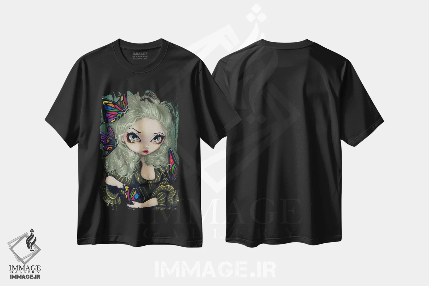 تیشرت مشکی طرح دار پروانه ها در موهایم، دکوراسیون جایگزین اثر جزمین بکِت-گریفیت | فروشگاه ایماژ