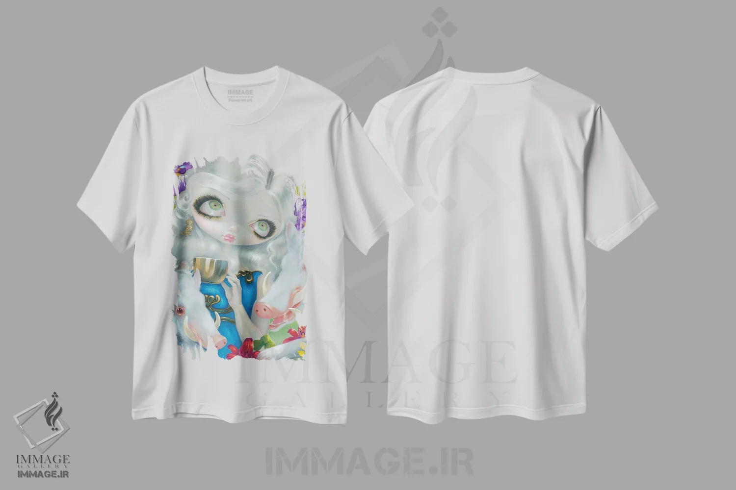 تیشرت سفید طرح دار سیرسه و خوک ها، دکوراسیون جایگزین اثر جزمین بکِت-گریفیت | immage.ir