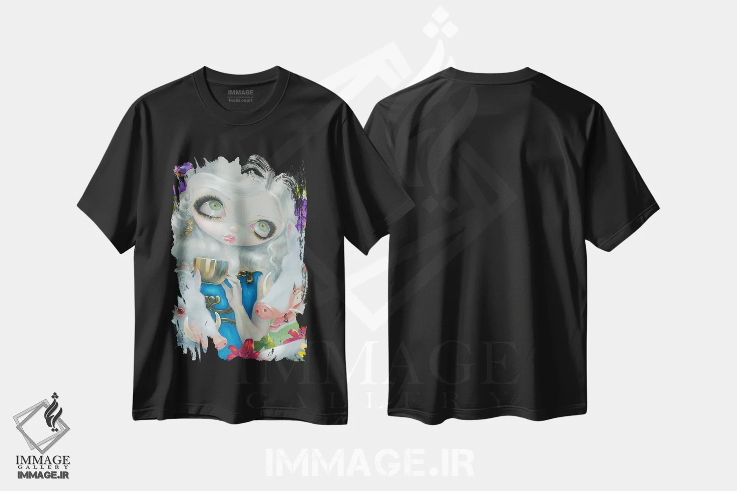 تیشرت مشکی طرح دار سیرسه و خوک ها، دکوراسیون جایگزین اثر جزمین بکِت-گریفیت | فروشگاه ایماژ