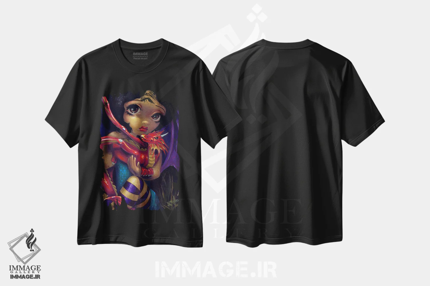 تیشرت مشکی طرح دار اژدهای کوچک عزیز، دکوراسیون جایگزین اثر جزمین بکِت-گریفیت | فروشگاه ایماژ