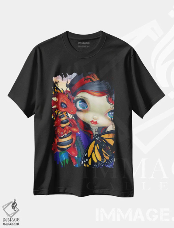 تیشرت مشکی طرح دار اژدهای کوچک عزیز، دکوراسیون جایگزین اثر جزمین بکِت-گریفیت | فروشگاه ایماژ