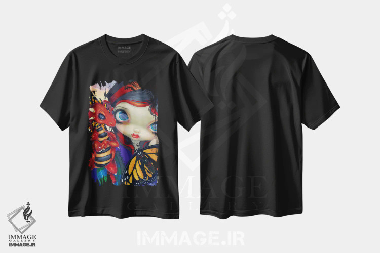 تیشرت مشکی طرح دار اژدهای کوچک عزیز، دکوراسیون جایگزین اثر جزمین بکِت-گریفیت | فروشگاه ایماژ