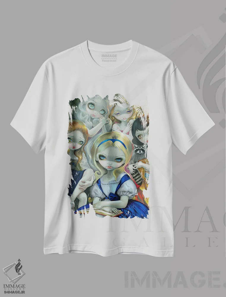 تیشرت سفید طرح دار آلیس و شاهزاده خانم های بوگرئو، دکوراسیون جایگزین اثر جزمین بکِت-گریفیت | فروشگاه ایماژ