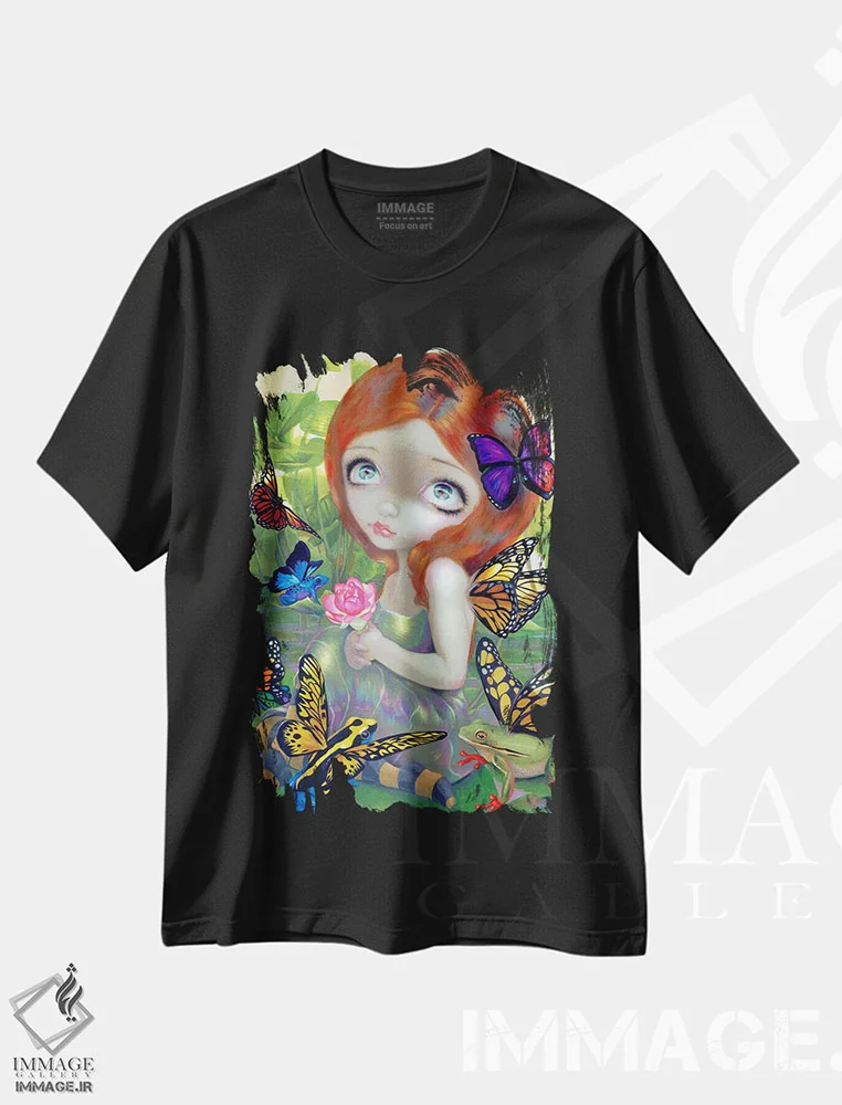 تیشرت مشکی طرح دار خیالات روزانه و قورباغه ها، هنر فاخر معاصر اثر جزمین بکِت-گریفیت | فروشگاه ایماژ