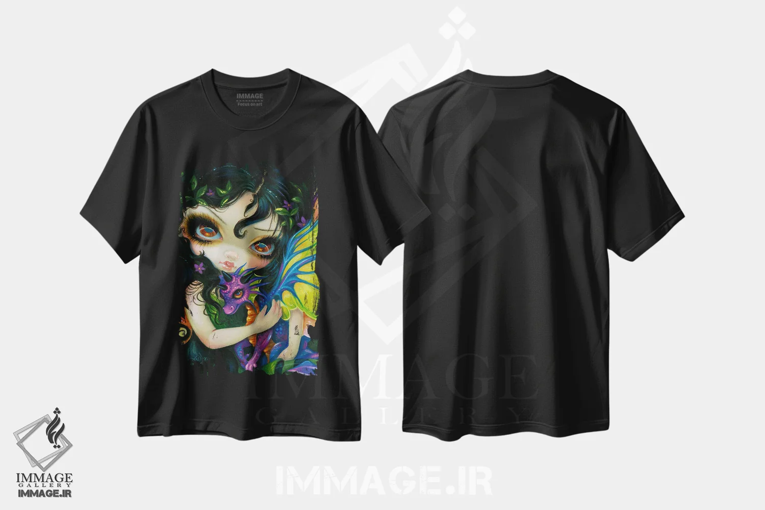 تیشرت مشکی طرح دار اژدهای کوچک عزیز، دکوراسیون جایگزین اثر جزمین بکِت-گریفیت | فروشگاه ایماژ