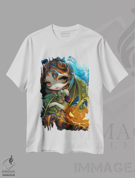 تیشرت سفید طرح دار اژدهای کوچک هالووین، دکوراسیون جایگزین اثر جزمین بکِت-گریفیت | فروشگاه ایماژ