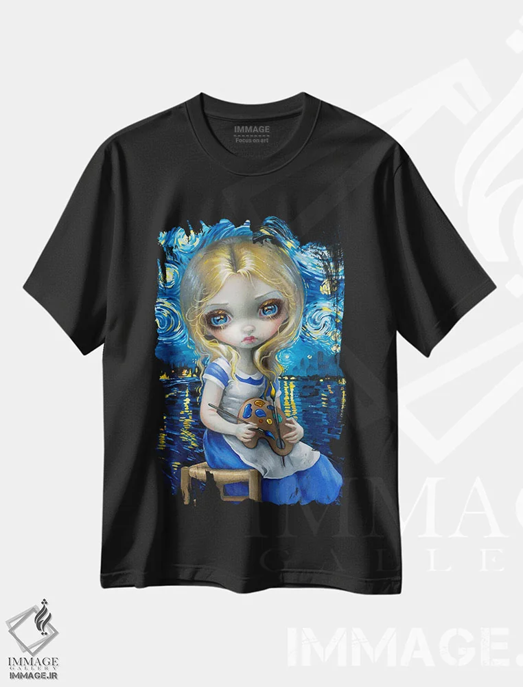 تیشرت مشکی طرح دار آلیس در شب تابی ون گوگ، دکوراسیون جایگزین اثر جزمین بکِت-گریفیت | فروشگاه ایماژ