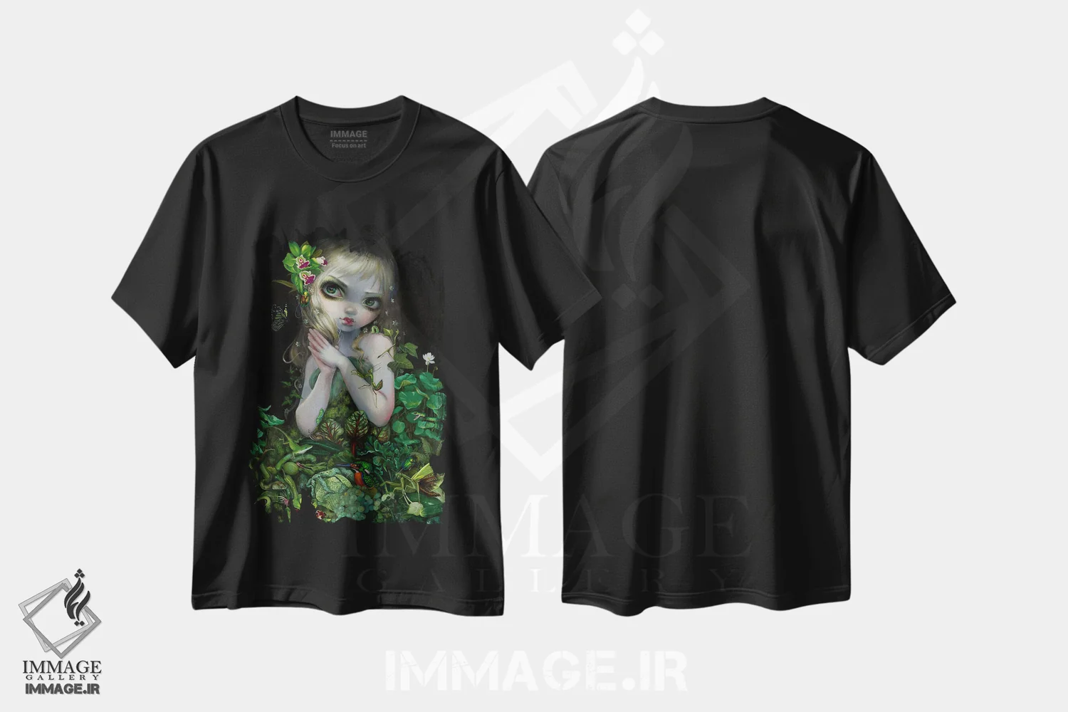 تیشرت مشکی طرح دار الهه سبز، دکوراسیون جایگزین اثر جزمین بکِت-گریفیت | فروشگاه ایماژ