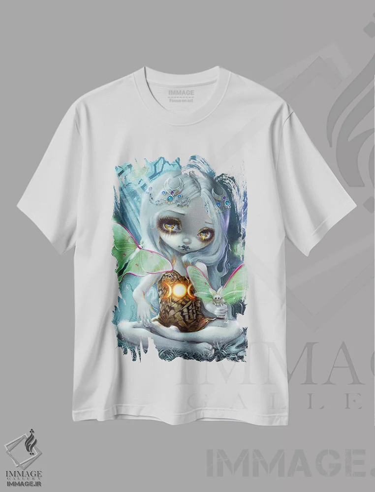 تیشرت سفید طرح دار بیدهای لونا، دکوراسیون جایگزین اثر جزمین بکِت-گریفیت | فروشگاه ایماژ