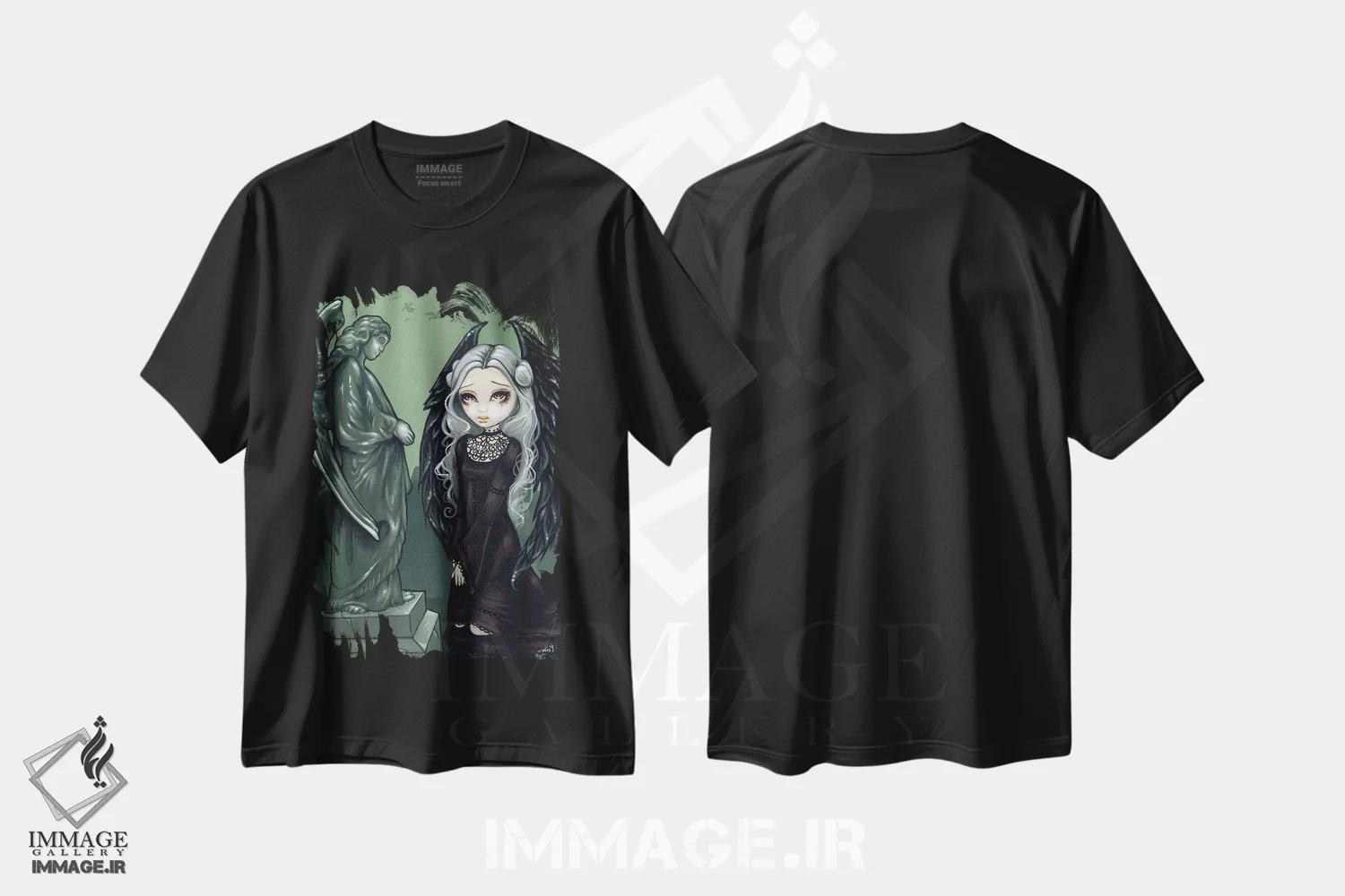 تیشرت مشکی طرح دار فرشتگان های گیت، دکوراسیون جایگزین اثر جزمین بکِت-گریفیت | فروشگاه ایماژ