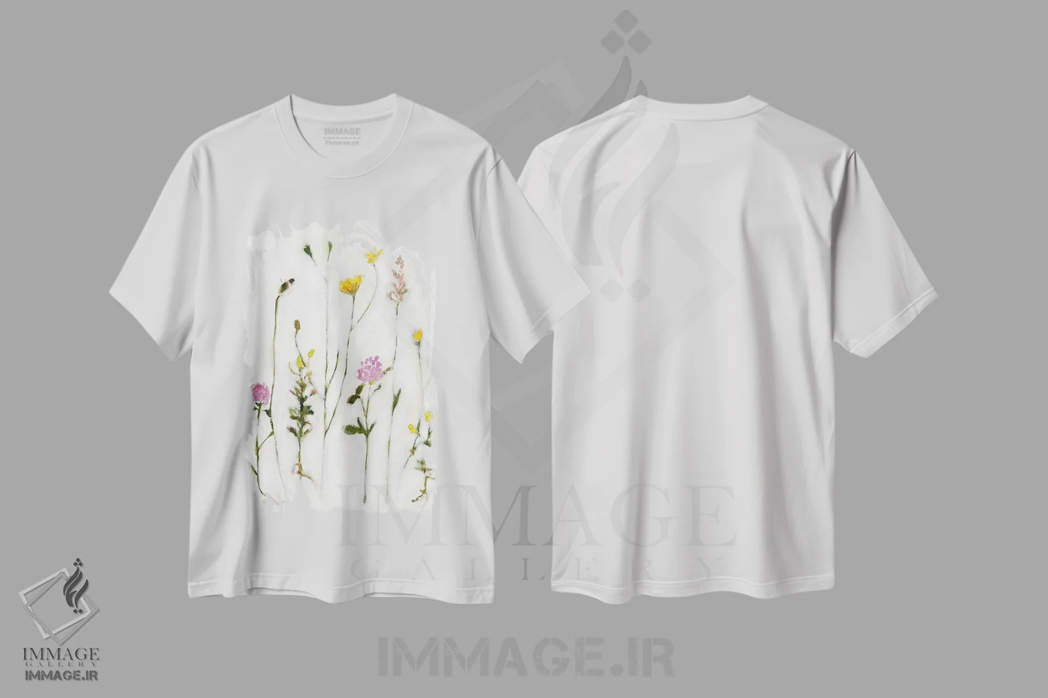 تیشرت سفید طرح دار بابونه، شبدر و قاصدک، تزئینی اثر جِنل براگ | فروشگاه ایماژ