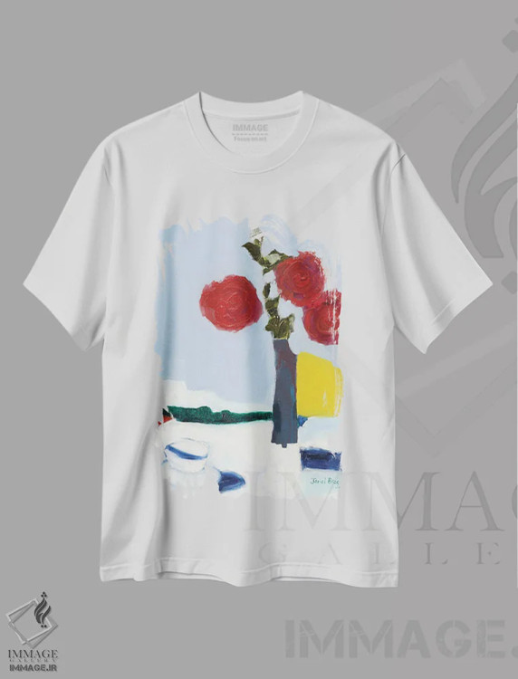 تیشرت سفید طرح دار گل رز و فنجان چای، آبستره اثر جِنل براگ | فروشگاه ایماژ