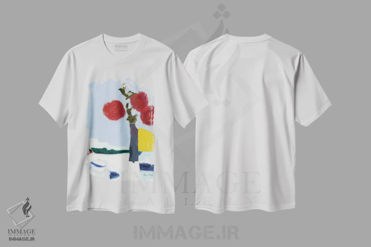 تیشرت سفید طرح دار گل رز و فنجان چای، آبستره اثر جِنل براگ | فروشگاه ایماژ