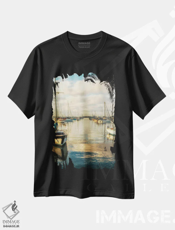 تیشرت مشکی طرح دار San Diego Harbor,صبح با رنگ مسی، بندر سن دیگو، مدیوم اثر جوزف اس. جیاکالونه | فروشگاه ایماژ