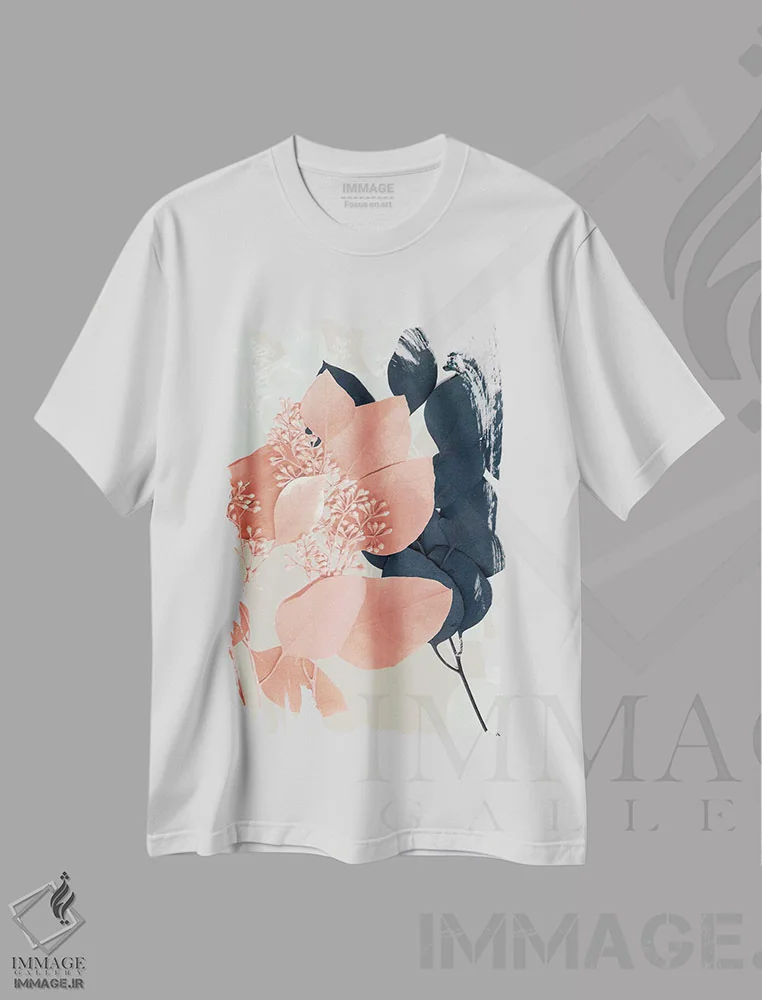 تیشرت سفید طرح دار برگ های نیلی و شفقی I، تزئینی اثر جنیفر گلدبرگر | فروشگاه ایماژ