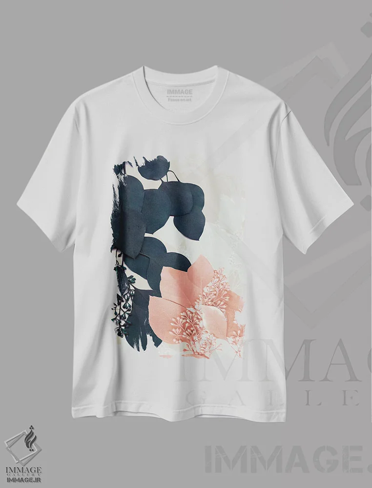 تیشرت سفید طرح دار برگ های نیلی و شفقی III، تزئینی اثر جنیفر گلدبرگر | immage.ir
