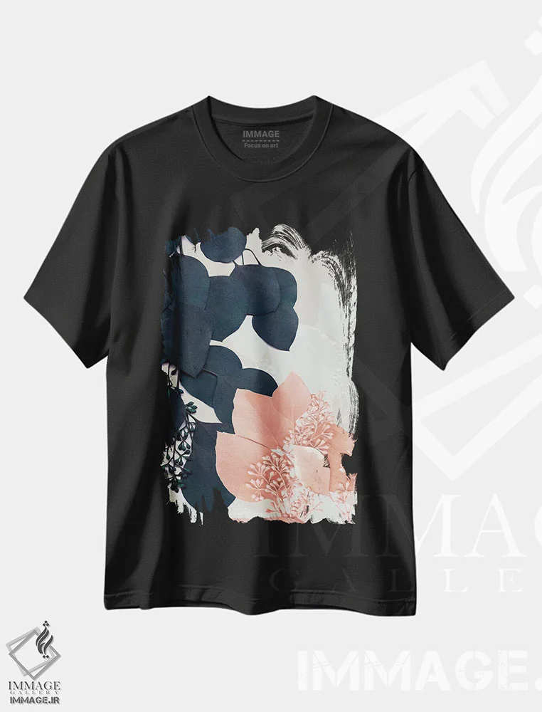 تیشرت مشکی طرح دار برگ های نیلی و شفقی III، تزئینی اثر جنیفر گلدبرگر | فروشگاه ایماژ