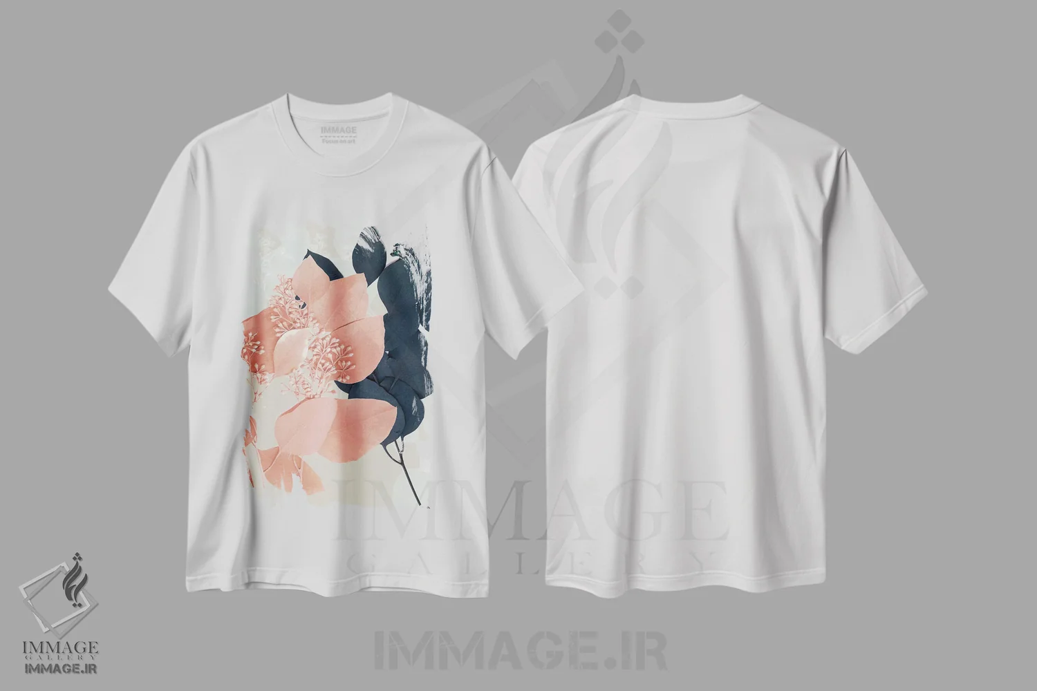تیشرت سفید طرح دار برگ های نیلی و شفقی I، تزئینی اثر جنیفر گلدبرگر | فروشگاه ایماژ