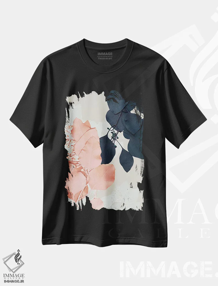 تیشرت مشکی طرح دار برگ های نیلی و شفقی IV، تزئینی اثر جنیفر گلدبرگر | immage.ir