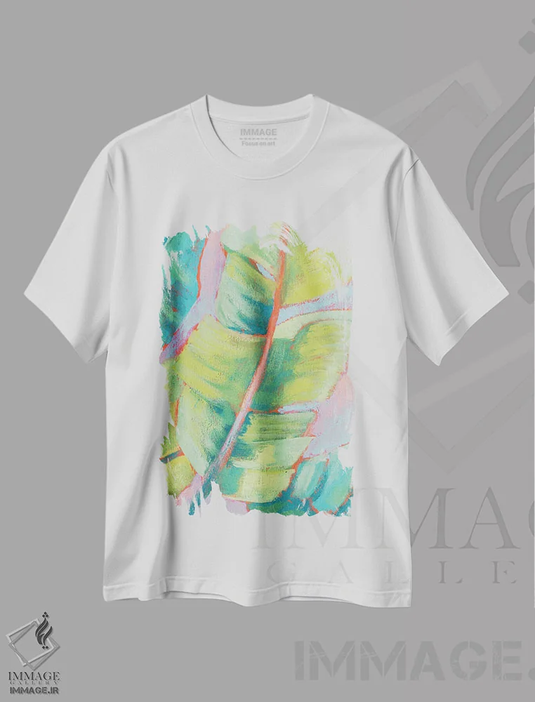 تیشرت سفید طرح دار برگ های نخل پرنشاط II، تزئینی اثر جنیفر گلدبرگر | فروشگاه ایماژ