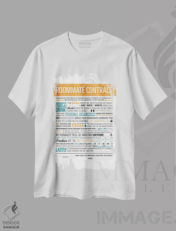 تیشرت سفید طرح دار قرارداد هم اتاقی، تزئینی اثر جی جی براندو | immage.ir