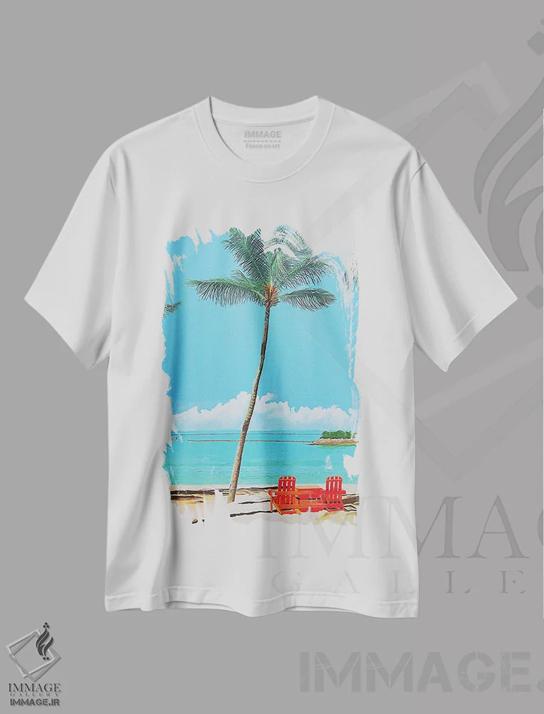تیشرت سفید طرح دار در رؤیای نخل ها، دکور ساحلی اثر جان جستر | فروشگاه ایماژ