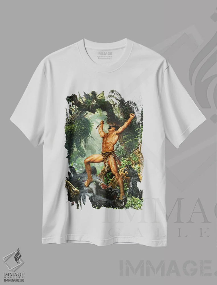 تیشرت سفید طرح دار تارزانِ میمون ها؟ صدمین سالگرد، دست نقاشی و طراحی دستی اثر جو جوسکو | فروشگاه ایماژ
