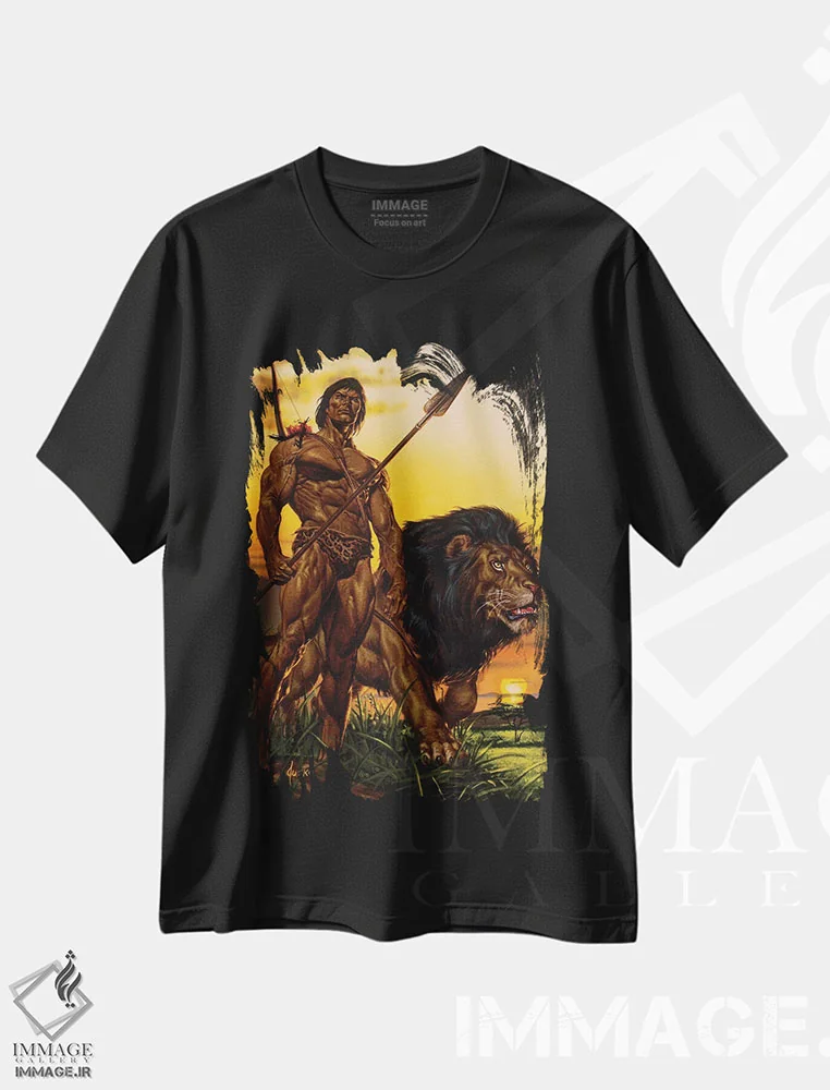 تیشرت مشکی طرح دار تارزان؟ در دشت، دست نقاشی و طراحی دستی اثر جو جوسکو | فروشگاه ایماژ