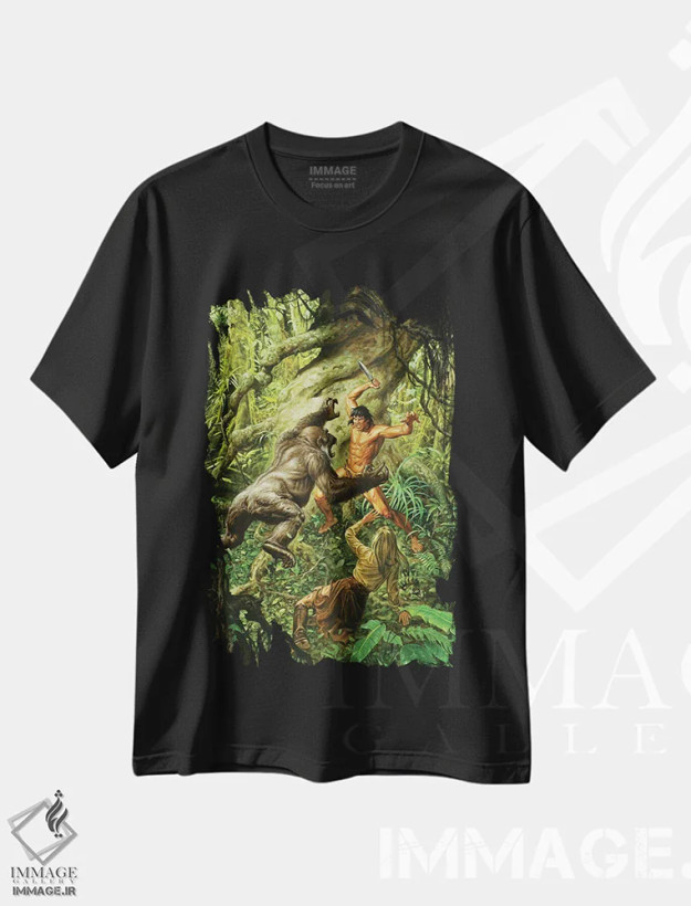تیشرت مشکی طرح دار تارزان میان میمون ها، تزئینی اثر جو جوسکو | فروشگاه ایماژ
