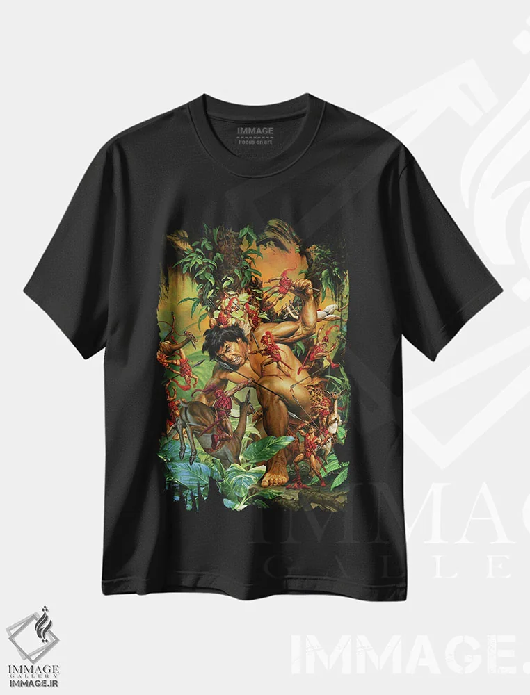 تیشرت مشکی طرح دار تارزان و مردمان مورچه ای، هنر دیجیتال اثر جو جوسکو | فروشگاه ایماژ