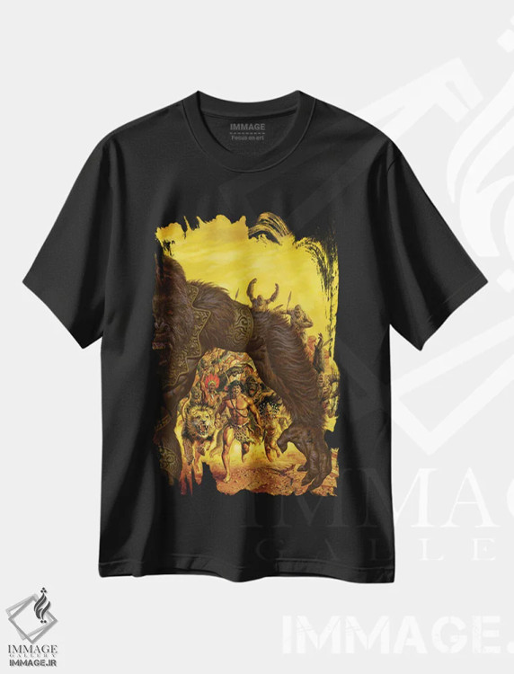 تیشرت مشکی طرح دار تارزان و شیر طلایی، هنر دیجیتال اثر جو جوسکو | immage.ir