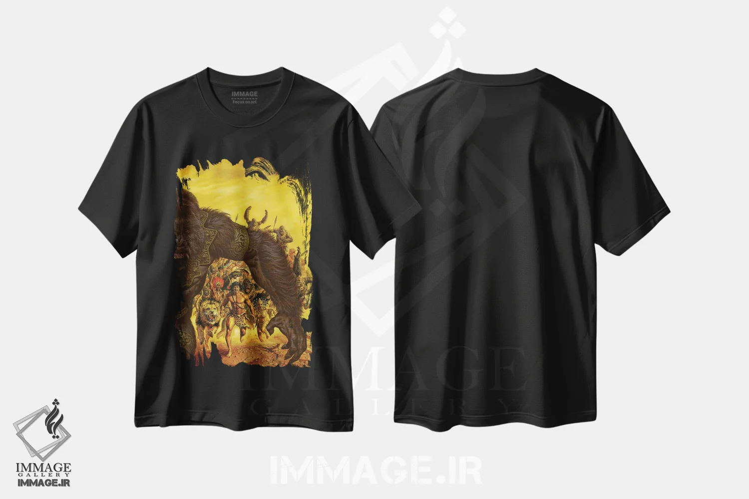 تیشرت مشکی طرح دار تارزان و شیر طلایی، هنر دیجیتال اثر جو جوسکو | immage.ir