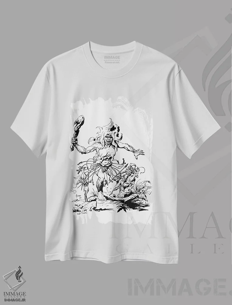 تیشرت سفید طرح دار تصویر روی جلد تارزان و مردمان مورچه ای، هنر دیجیتال سیاه و سفید اثر جو جوسکو | immage.ir
