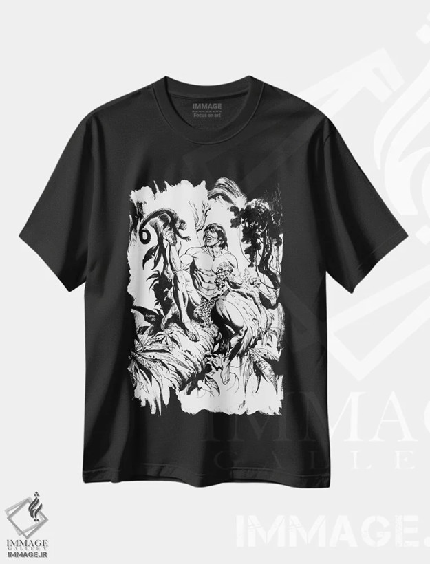 تیشرت مشکی طرح دار تصویر روی جلد تارزان و امپراتوری گمشده، هنر دیجیتال سیاه و سفید اثر جو جوسکو | فروشگاه ایماژ
