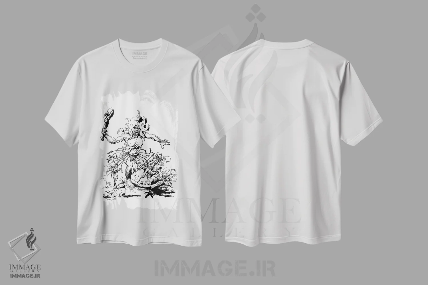 تیشرت سفید طرح دار تصویر روی جلد تارزان و مردمان مورچه ای، هنر دیجیتال سیاه و سفید اثر جو جوسکو | immage.ir