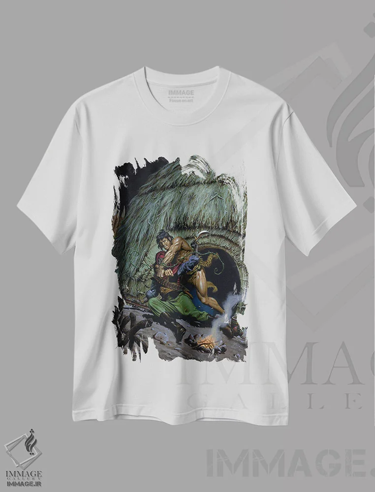 تیشرت سفید طرح دار تارزان پیروز، وینتیج و رترو اثر جو جوسکو | immage.ir
