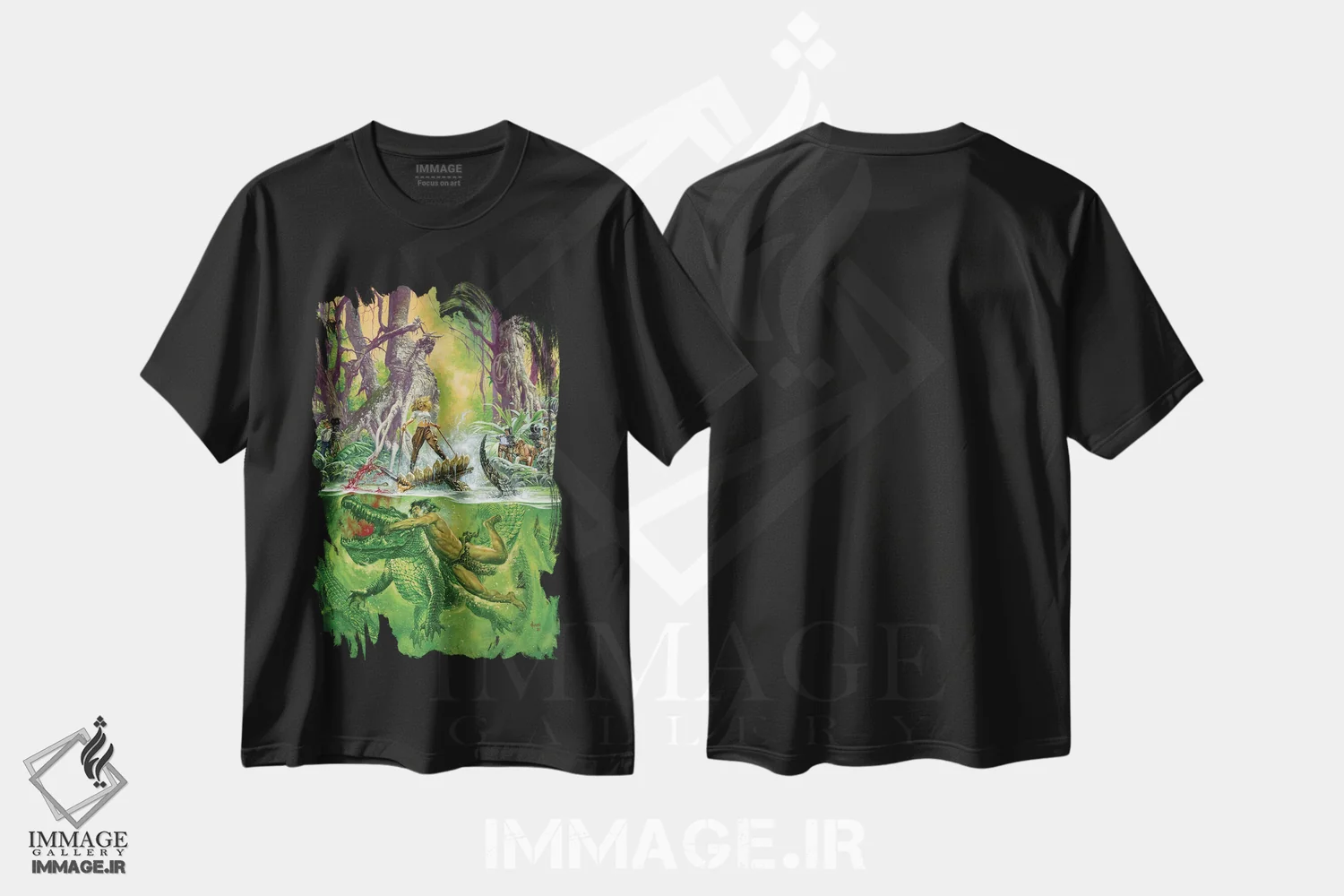 تیشرت مشکی طرح دار تارزان و مرد شیرنما، وینتیج و رترو اثر جو جوسکو | immage.ir