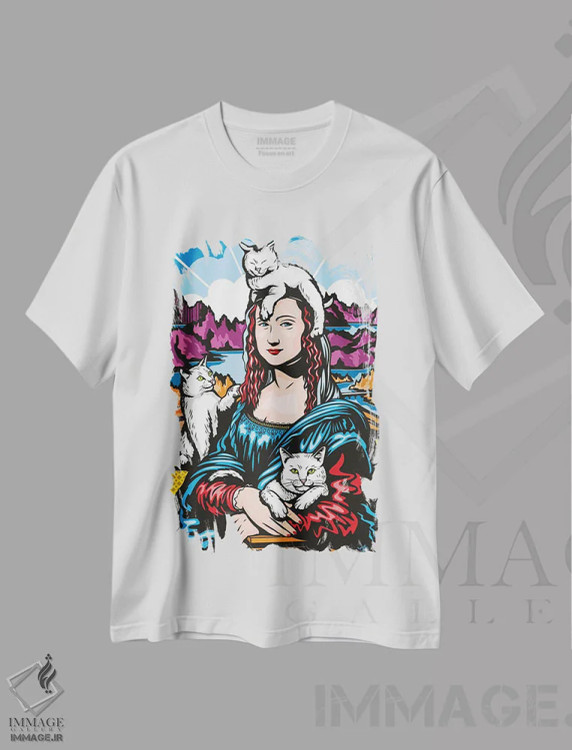 تیشرت سفید طرح دار مونالیزا با گربه ها، هنر فاخر معاصر اثر جیمز لی | immage.ir