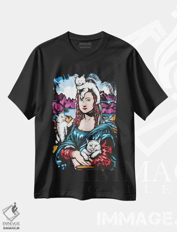 تیشرت مشکی طرح دار مونالیزا با گربه ها، هنر فاخر معاصر اثر جیمز لی | فروشگاه ایماژ