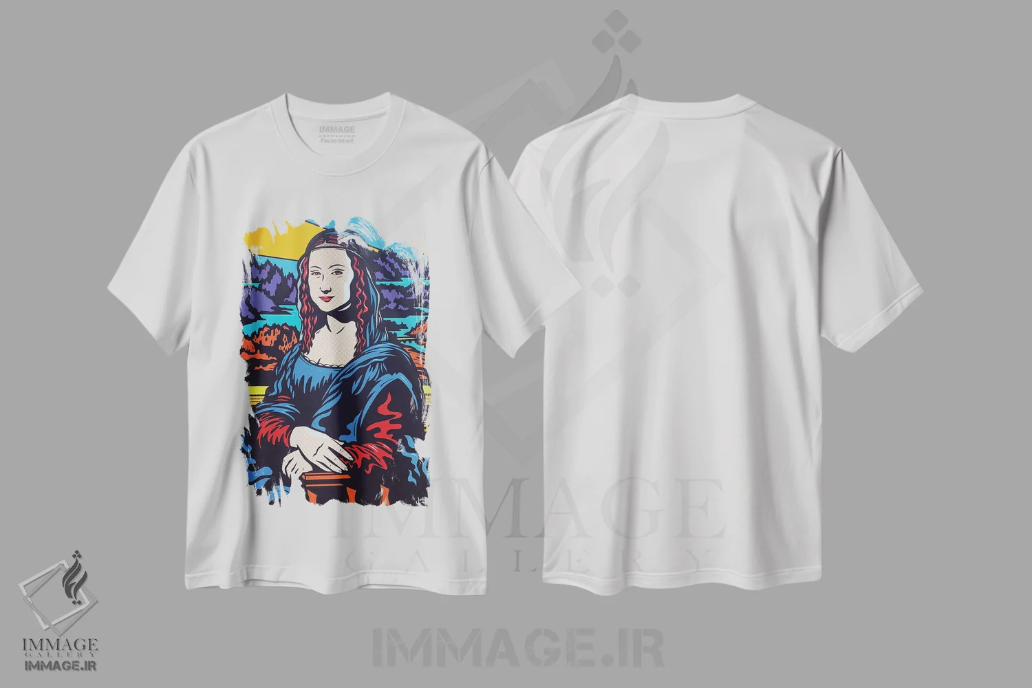 تیشرت سفید طرح دار مونالیزای پاپ، هنر فاخر معاصر اثر جیمز لی | فروشگاه ایماژ