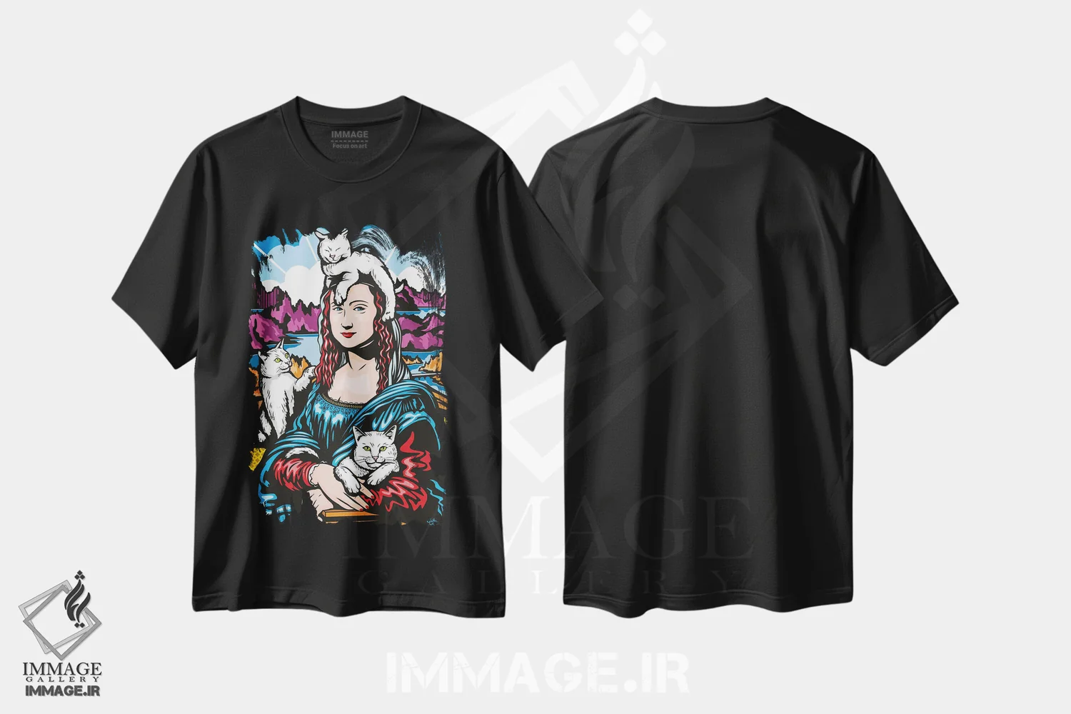 تیشرت مشکی طرح دار مونالیزا با گربه ها، هنر فاخر معاصر اثر جیمز لی | فروشگاه ایماژ