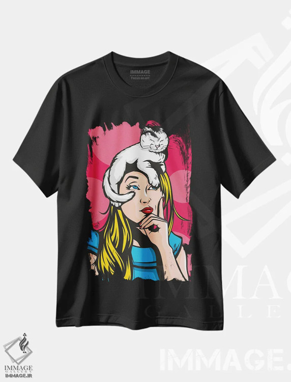 تیشرت مشکی طرح دار گربه بر روی زن بلوند داغ، هنر فاخر معاصر اثر جیمز لی | فروشگاه ایماژ