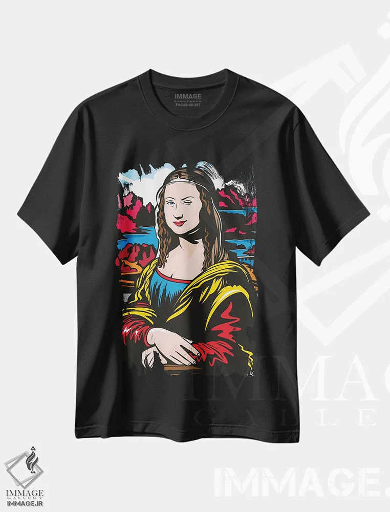 تیشرت مشکی طرح دار مونای چشمک زن، هنر فاخر معاصر اثر جیمز لی | فروشگاه ایماژ